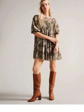Ted Baker Olive and Pink Floral Tiered Mini Dress